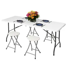 6ft Folding Table & 4 Folding Stool Set - Easy-to-Store, Heavy-Duty White HDPE, Steel Frames, Carry Handle, Indoor/Outdoor Use