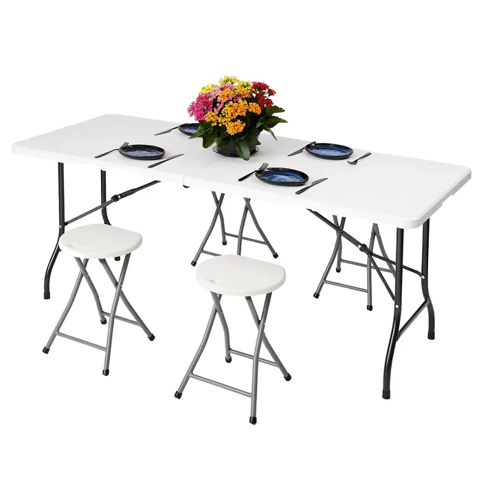6ft Folding Table & 4 Folding Stool Set - Easy-to-Store, Heavy-Duty White HDPE, Steel Frames, Carry Handle, Indoor/Outdoor Use