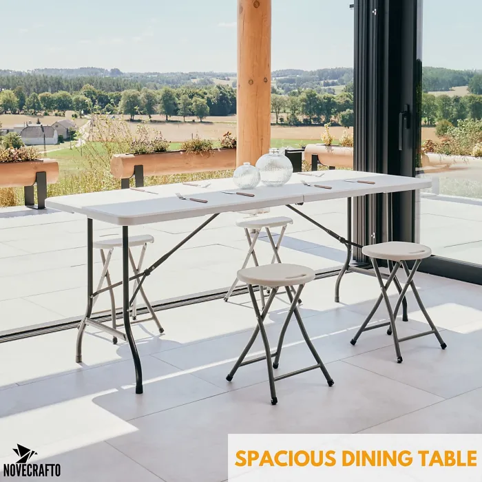 6ft Folding Table & 4 Folding Stool Set - Easy-to-Store, Heavy-Duty White HDPE, Steel Frames, Carry Handle, Indoor/Outdoor Use