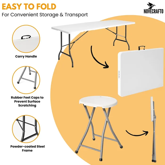 6ft Folding Table & 4 Folding Stool Set - Easy-to-Store, Heavy-Duty White HDPE, Steel Frames, Carry Handle, Indoor/Outdoor Use