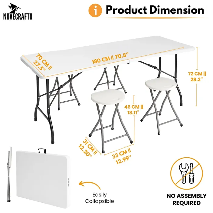 6ft Folding Table & 4 Folding Stool Set - Easy-to-Store, Heavy-Duty White HDPE, Steel Frames, Carry Handle, Indoor/Outdoor Use