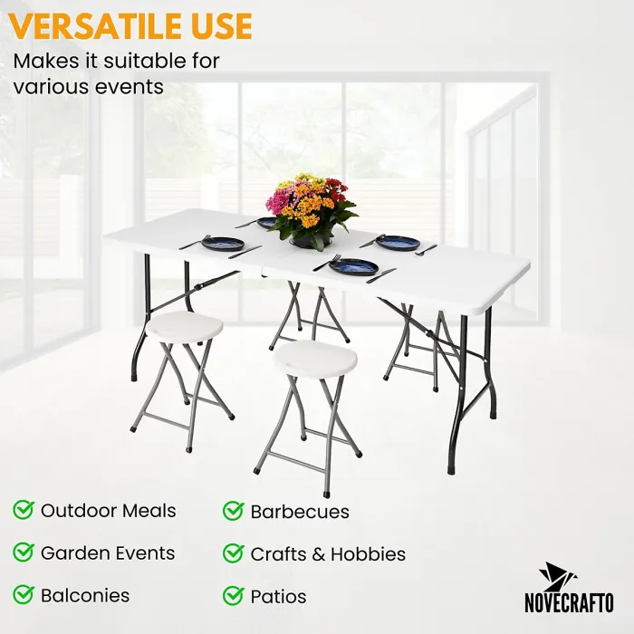 6ft Folding Table & 4 Folding Stool Set - Easy-to-Store, Heavy-Duty White HDPE, Steel Frames, Carry Handle, Indoor/Outdoor Use