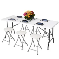 6ft Folding Table & 6 Folding Stool Set - Easy-to-Store, Heavy-Duty White HDPE, Steel Frames, Carry Handle, Indoor/Outdoor Use