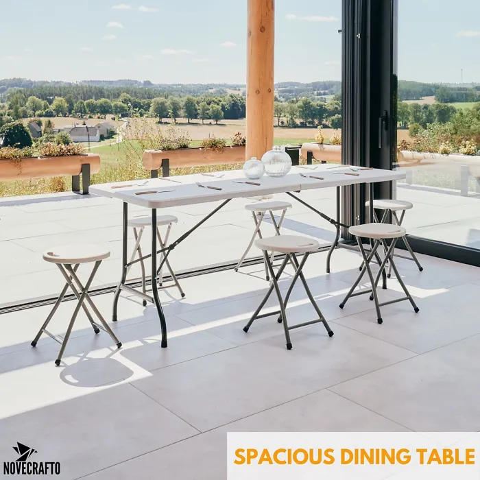 6ft Folding Table & 6 Folding Stool Set - Easy-to-Store, Heavy-Duty White HDPE, Steel Frames, Carry Handle, Indoor/Outdoor Use