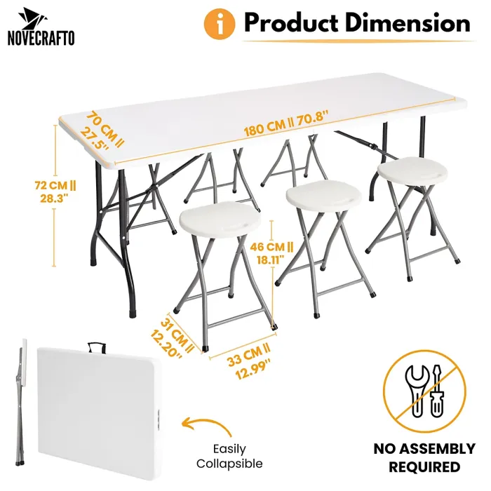 6ft Folding Table & 6 Folding Stool Set - Easy-to-Store, Heavy-Duty White HDPE, Steel Frames, Carry Handle, Indoor/Outdoor Use