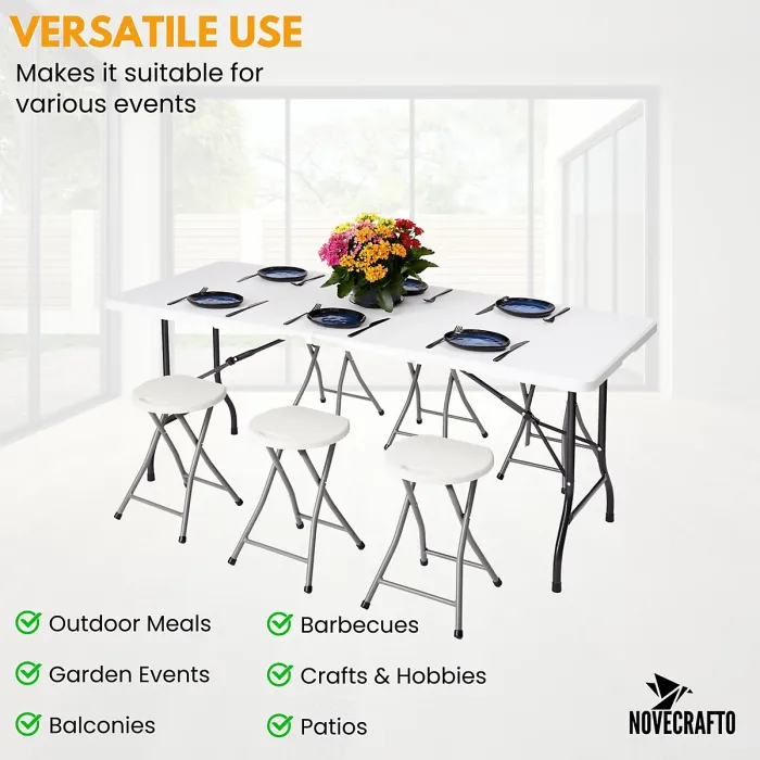 6ft Folding Table & 6 Folding Stool Set - Easy-to-Store, Heavy-Duty White HDPE, Steel Frames, Carry Handle, Indoor/Outdoor Use