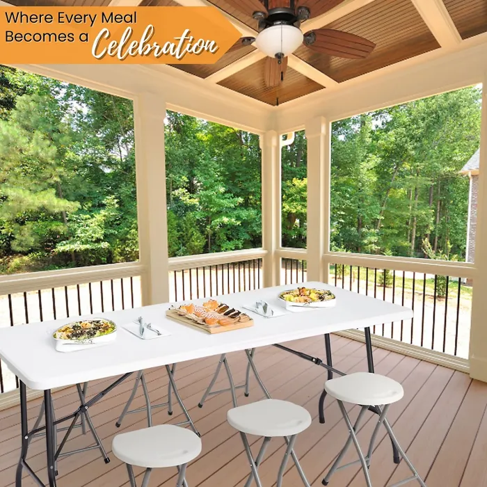 6ft Folding Table & 6 Folding Stool Set - Easy-to-Store, Heavy-Duty White HDPE, Steel Frames, Carry Handle, Indoor/Outdoor Use