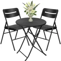 Small Round Folding Table & 2 Folding Chairs Set - HDPE Top Steel Frame for Indoor Outdoor Coffee, Office, Garden, Patio, Balcony