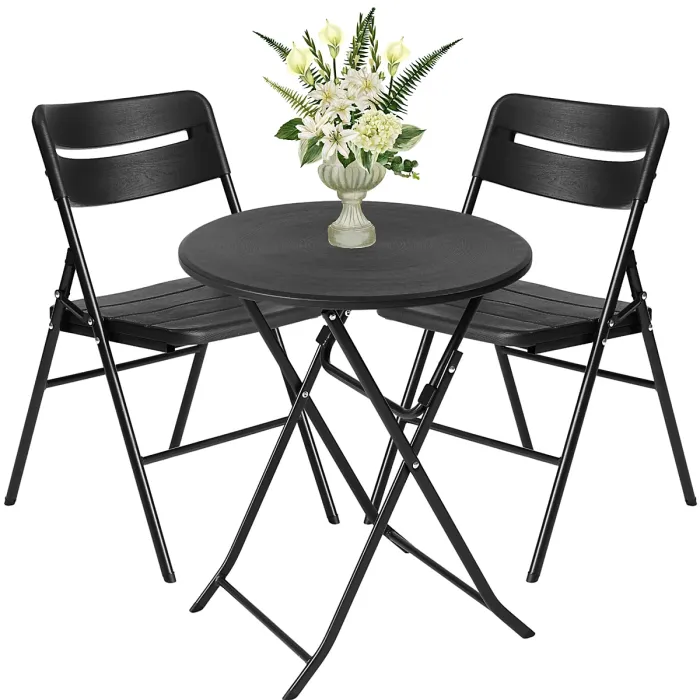 Small Round Folding Table & 2 Folding Chairs Set - HDPE Top Steel Frame for Indoor Outdoor Coffee, Office, Garden, Patio, Balcony