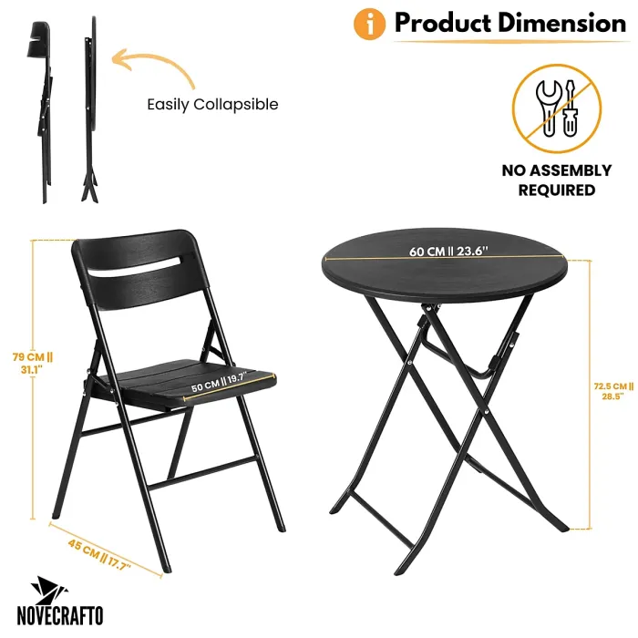 Small Round Folding Table & 2 Folding Chairs Set - HDPE Top Steel Frame for Indoor Outdoor Coffee, Office, Garden, Patio, Balcony