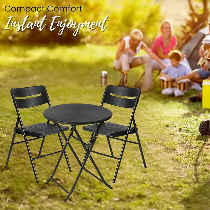 Small Round Folding Table & 2 Folding Chairs Set - HDPE Top Steel Frame for Indoor Outdoor Coffee, Office, Garden, Patio, Balcony