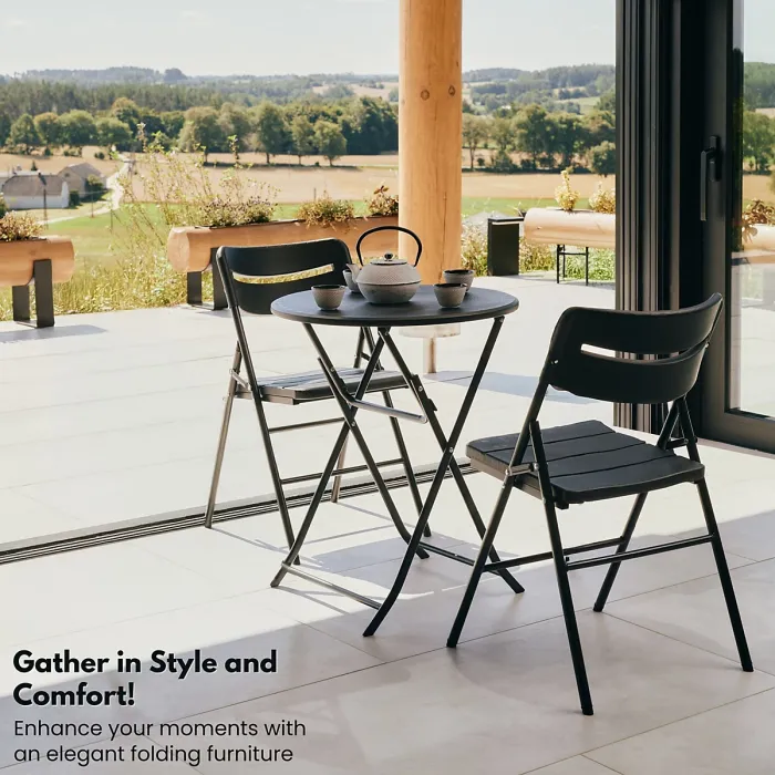 Small Round Folding Table & 2 Folding Chairs Set - HDPE Top Steel Frame for Indoor Outdoor Coffee, Office, Garden, Patio, Balcony