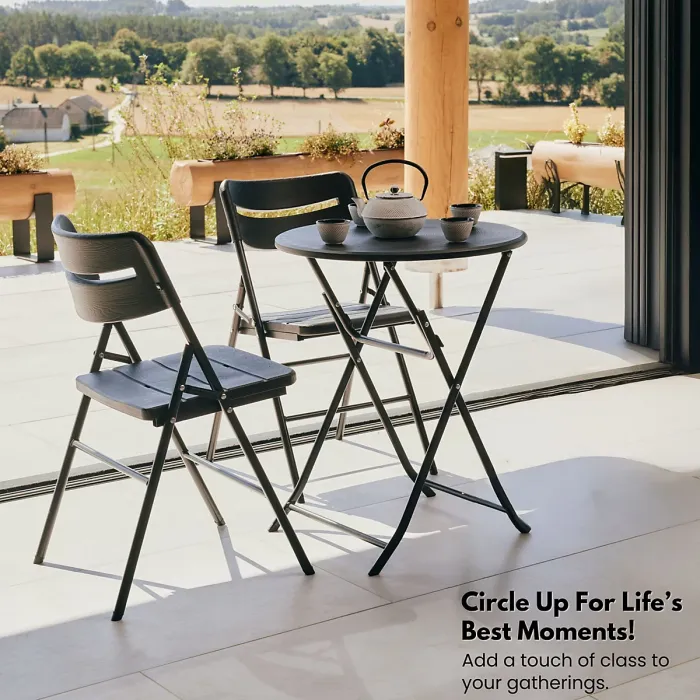 Small Round Folding Table & 2 Folding Chairs Set - HDPE Top Steel Frame for Indoor Outdoor Coffee, Office, Garden, Patio, Balcony
