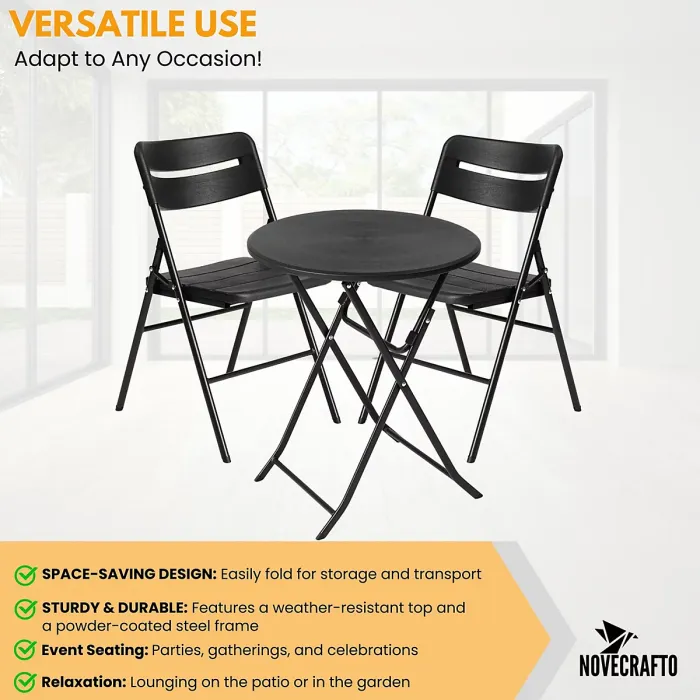 Small Round Folding Table & 2 Folding Chairs Set - HDPE Top Steel Frame for Indoor Outdoor Coffee, Office, Garden, Patio, Balcony