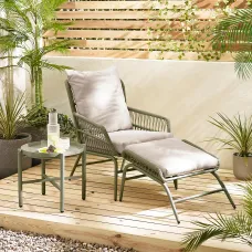 Furniturebox UK Lyon Green Metal Outdoor Chair & Footstool Set with Cream Cushions & Round Side Table, UV Resistant