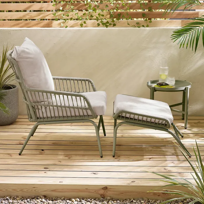 Furniturebox UK Lyon Green Metal Outdoor Chair & Footstool Set with Cream Cushions & Round Side Table, UV Resistant