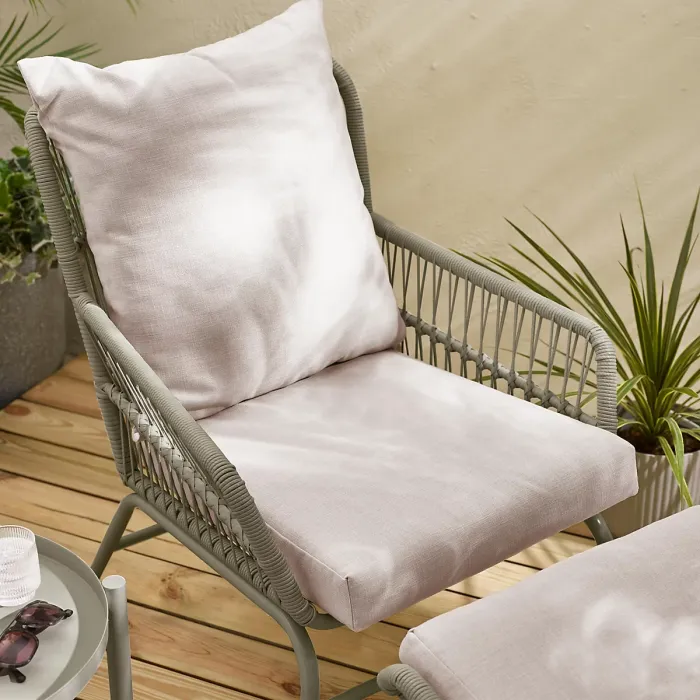Furniturebox UK Lyon Green Metal Outdoor Chair & Footstool Set with Cream Cushions & Round Side Table, UV Resistant