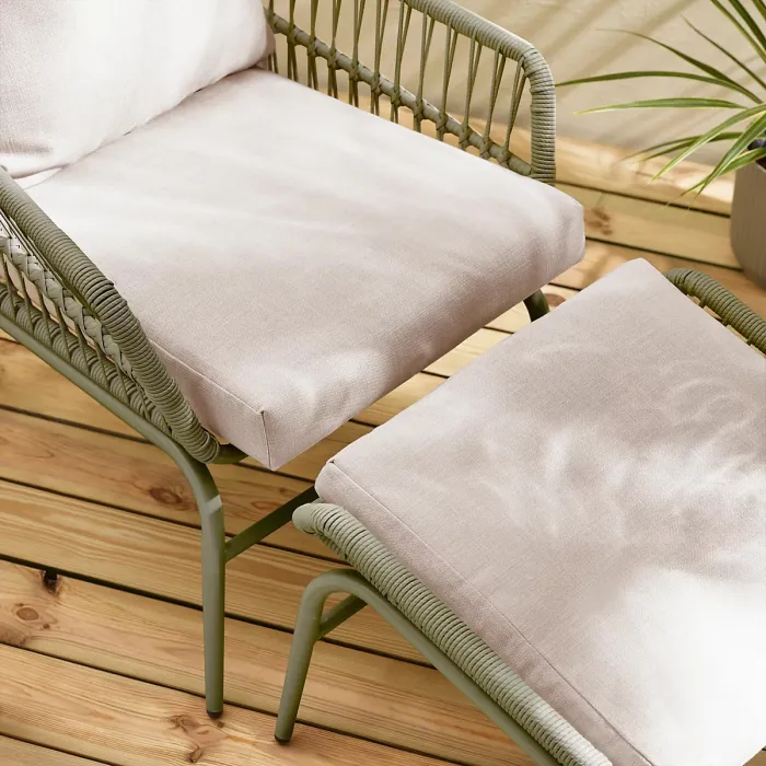 Furniturebox UK Lyon Green Metal Outdoor Chair & Footstool Set with Cream Cushions & Round Side Table, UV Resistant