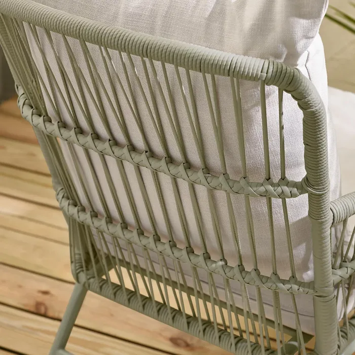 Furniturebox UK Lyon Green Metal Outdoor Chair & Footstool Set with Cream Cushions & Round Side Table, UV Resistant