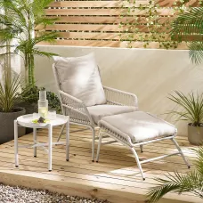 Furniturebox UK Lyon Cream Metal Outdoor Chair & Footstool Set with Cushions & Side Table