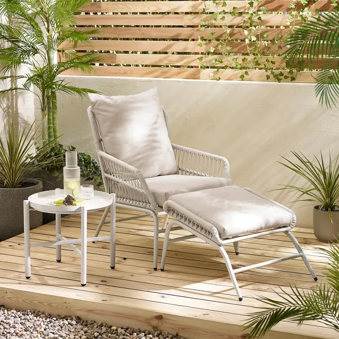 Furniturebox UK Lyon Cream Metal Outdoor Chair & Footstool Set with Cushions & Side Table