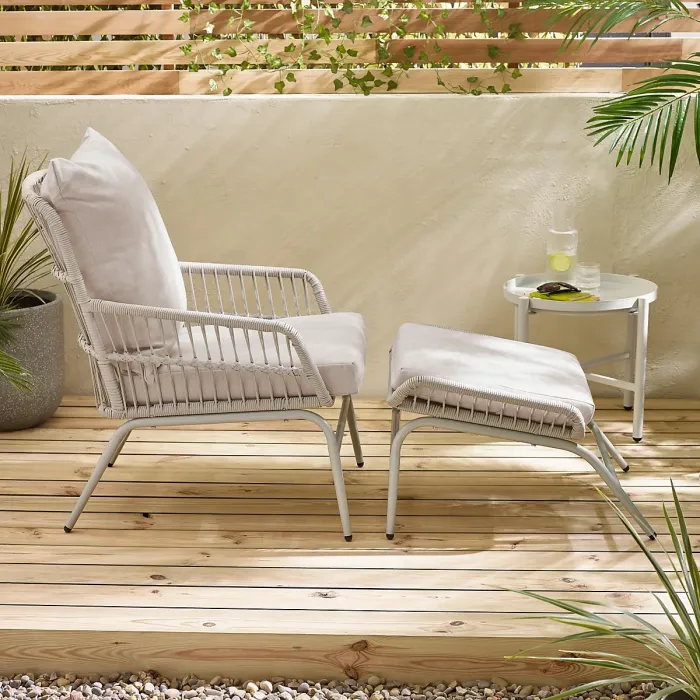 Furniturebox UK Lyon Cream Metal Outdoor Chair & Footstool Set with Cushions & Side Table
