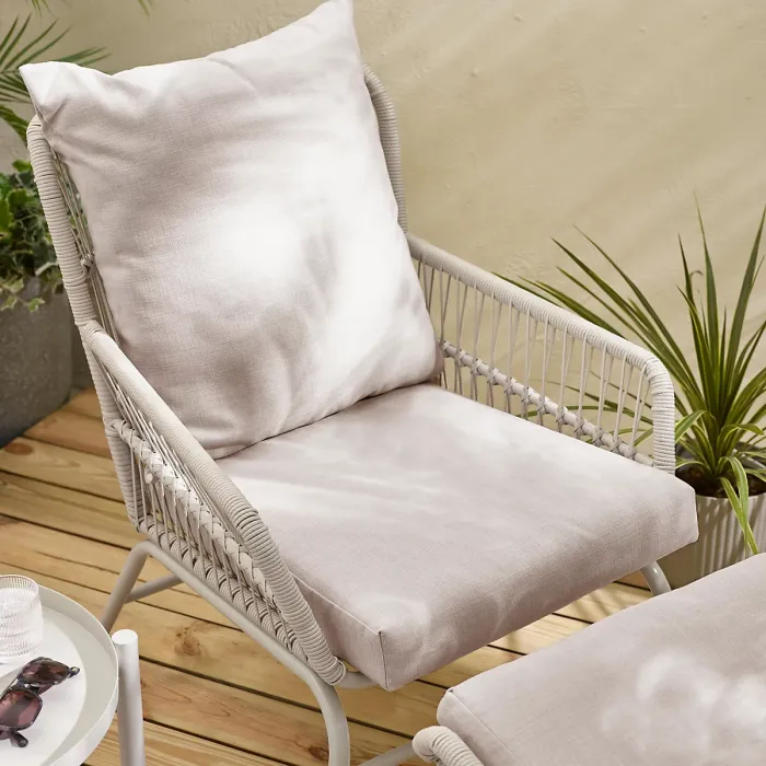 Furniturebox UK Lyon Cream Metal Outdoor Chair & Footstool Set with Cushions & Side Table