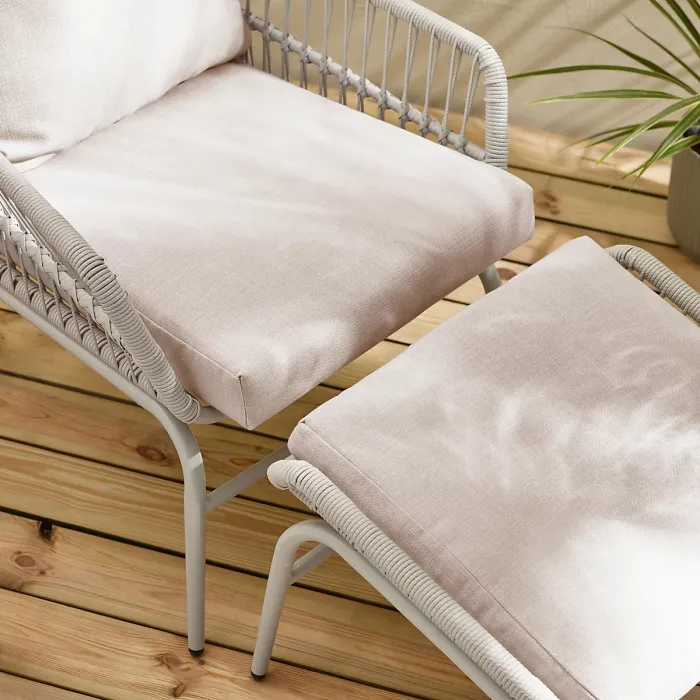 Furniturebox UK Lyon Cream Metal Outdoor Chair & Footstool Set with Cushions & Side Table