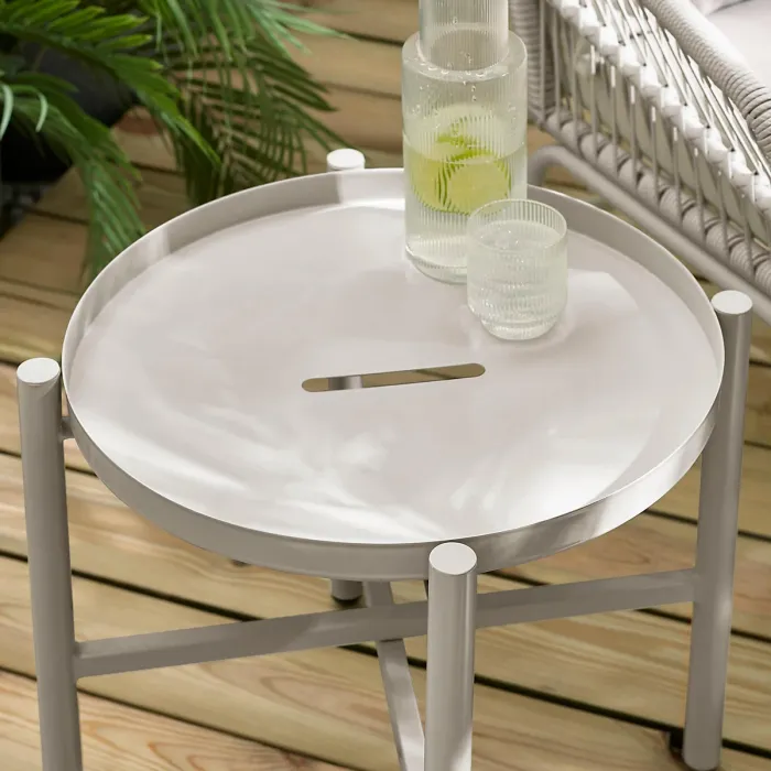 Furniturebox UK Lyon Cream Metal Outdoor Chair & Footstool Set with Cushions & Side Table