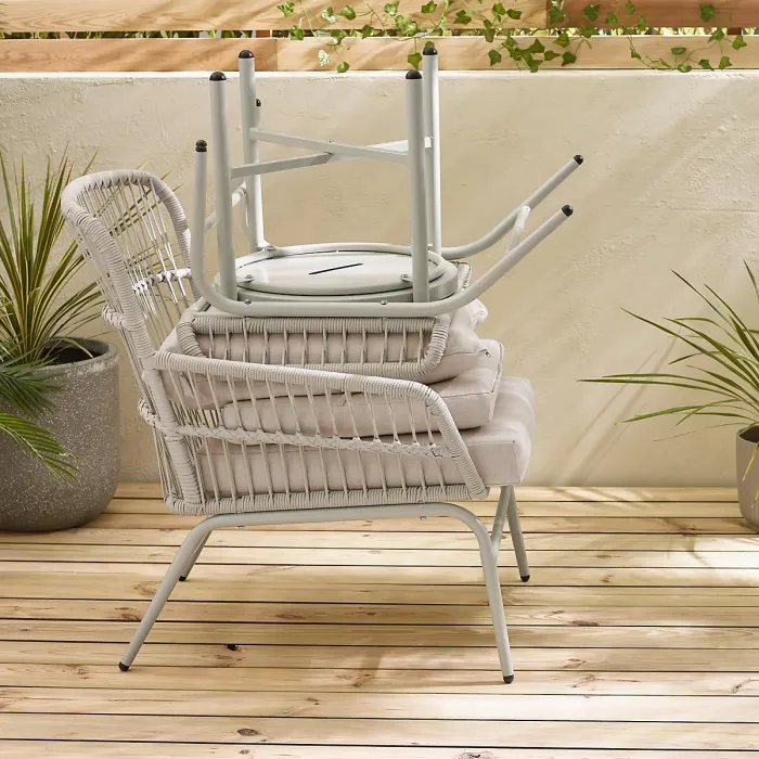 Furniturebox UK Lyon Cream Metal Outdoor Chair & Footstool Set with Cushions & Side Table