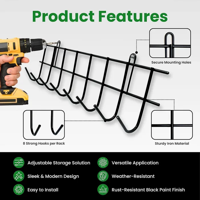 Extra Long Garden Tool Rack - Wall-Mounted Garage or Shed Tool Holder With 32 Hooks