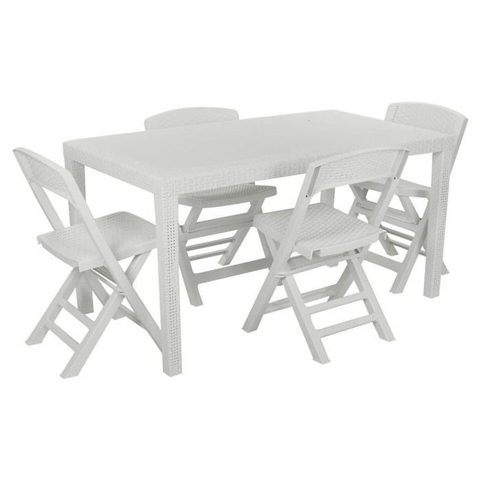 URBN-GARDEN White Plastic Rattan Patio Dining Table & 4 Folding Chairs Outdoor Garden Furniture Sets
