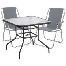 URBNGARDEN 70cm Height Garden Square Glass Table & 2 Folding Grey Chairs Set Metal Outdoor Patio Parasol Hole