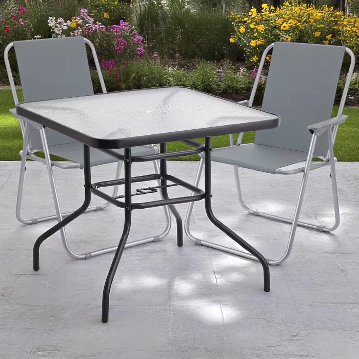 URBNGARDEN 70cm Height Garden Square Glass Table & 2 Folding Grey Chairs Set Metal Outdoor Patio Parasol Hole