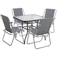 URBNGARDEN 70cm Height Garden Square Glass Table & 4 Folding Grey Chairs Set Metal Outdoor Patio Parasol Hole
