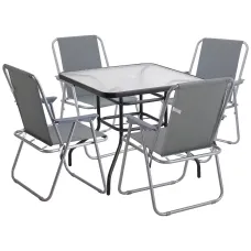 URBNGARDEN 70cm Height Garden Square Glass Table & 4 Folding Grey Chairs Set Metal Outdoor Patio Parasol Hole