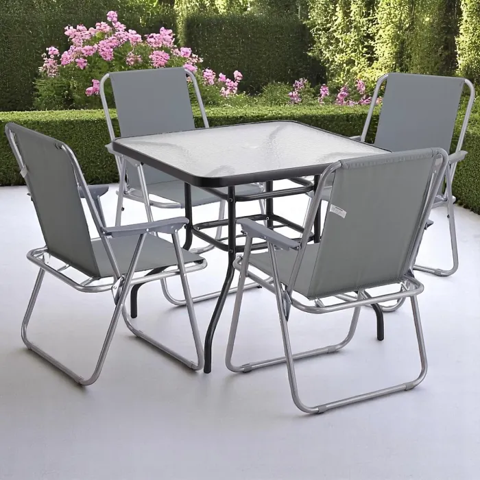 URBNGARDEN 70cm Height Garden Square Glass Table & 4 Folding Grey Chairs Set Metal Outdoor Patio Parasol Hole