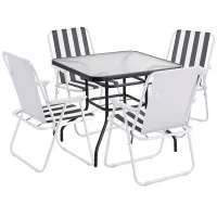 URBNGARDEN 70cm Height Garden Square Glass Table & 4 Folding White/Black Stripe Chairs Set Metal Outdoor Patio Parasol Hole