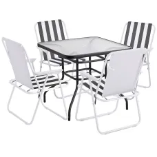 URBNGARDEN 70cm Height Garden Square Glass Table & 4 Folding White/Black Stripe Chairs Set Metal Outdoor Patio Parasol Hole