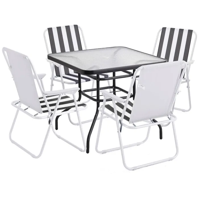 URBNGARDEN 70cm Height Garden Square Glass Table & 4 Folding White/Black Stripe Chairs Set Metal Outdoor Patio Parasol Hole