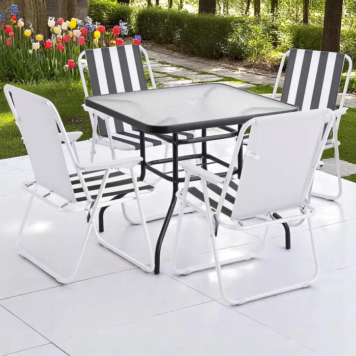 URBNGARDEN 70cm Height Garden Square Glass Table & 4 Folding White/Black Stripe Chairs Set Metal Outdoor Patio Parasol Hole
