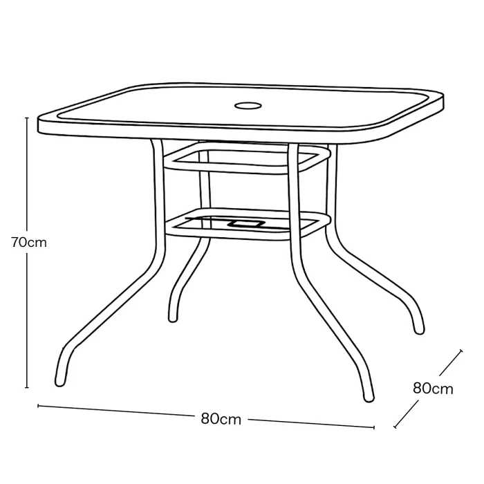 URBNGARDEN 70cm Height Garden Square Glass Table & 4 Folding White/Black Stripe Chairs Set Metal Outdoor Patio Parasol Hole