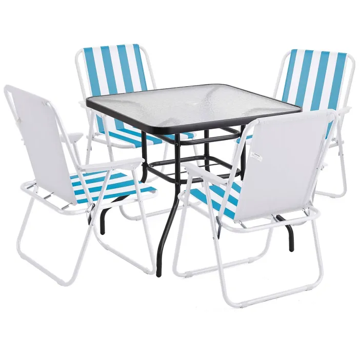 URBNGARDEN 70cm Height Garden Square Glass Table & 4 Folding White/Blue Stripe Chairs Set Metal Outdoor Patio Parasol Hole