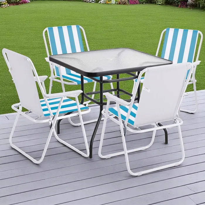 URBNGARDEN 70cm Height Garden Square Glass Table & 4 Folding White/Blue Stripe Chairs Set Metal Outdoor Patio Parasol Hole