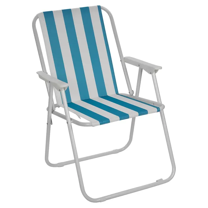 URBNGARDEN 70cm Height Garden Square Glass Table & 4 Folding White/Blue Stripe Chairs Set Metal Outdoor Patio Parasol Hole