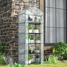 Outsunny 5 Tier Mini Greenhouse Grow House w/ Roll Up Door, White/Green