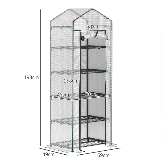 Outsunny 5 Tier Mini Greenhouse Grow House w/ Roll Up Door, White/Green
