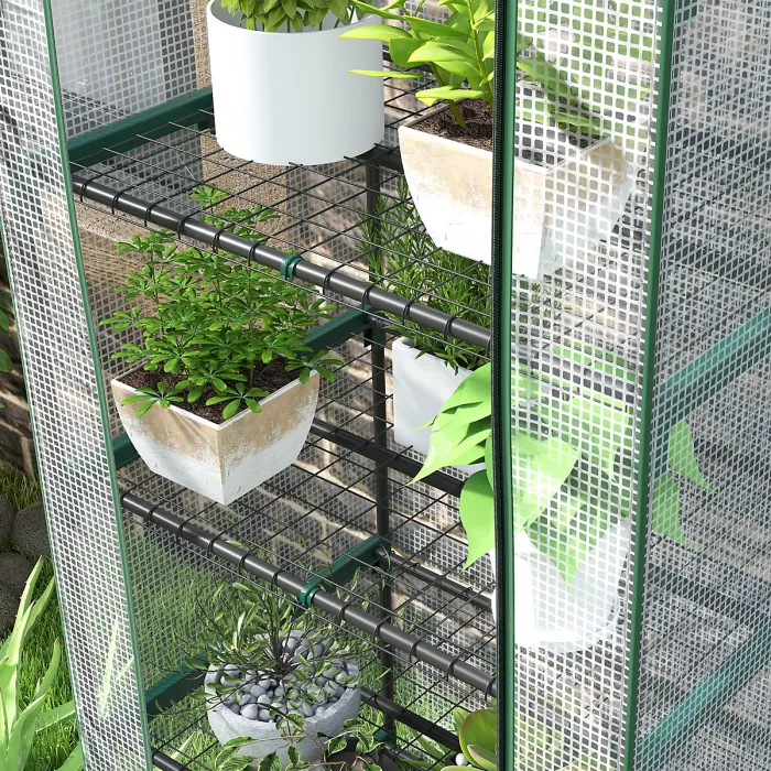 Outsunny 5 Tier Mini Greenhouse Grow House w/ Roll Up Door, White/Green