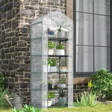 Outsunny 5 Tier Mini Greenhouse Grow House w/ Roll Up Door, White/Grey