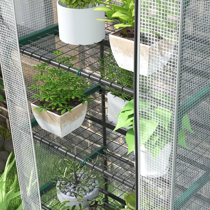 Outsunny 5 Tier Mini Greenhouse Grow House w/ Roll Up Door, White/Grey